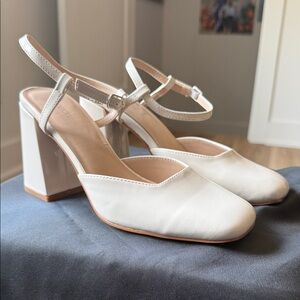 Shoe Dazzle White Block Heel Ankle-Strap Pumps